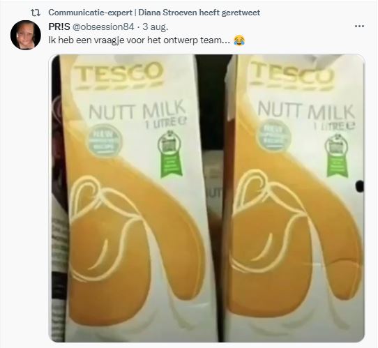 Een tweet op Twitter over een verpakking van Tesco en noten melk. Communicatie maakt het positieve verschil, haha.