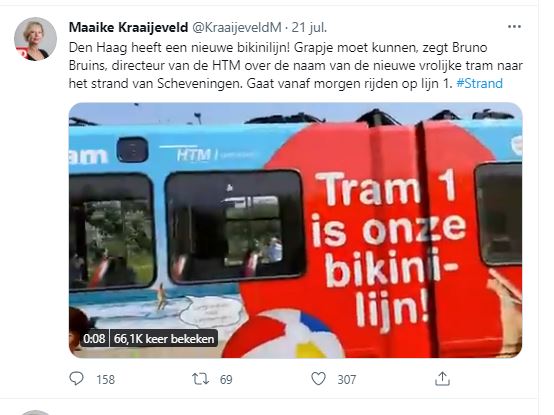 Bikinlijn Tweet van HTM juli 2021